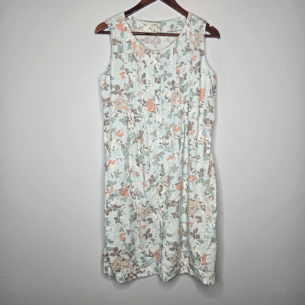 L.L.Bean Linen Shirt Dress Petite 12 Light Blue Floral Pintuck Sleeveless Garden